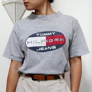 Vintage 1990s Heather Grey Tommy Hilfiger Jeans Graphic Oval Signature Logo Flag